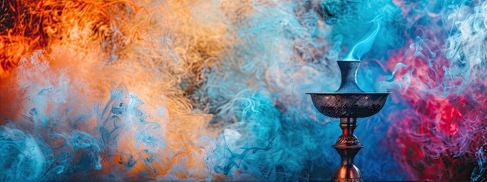 close-up of hookah bowl in colorful smoke