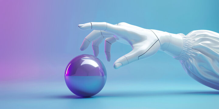 a robot hand is touching a ball against a gradient background
