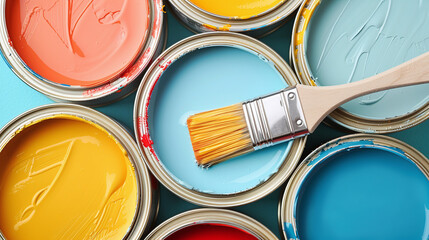 top view of Paint cans and brushes and how to choose the perfect interior paint color that is good for your health