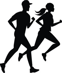 Running man and woman black silhouette isolated vector illustration. Running couple, jogging couple.