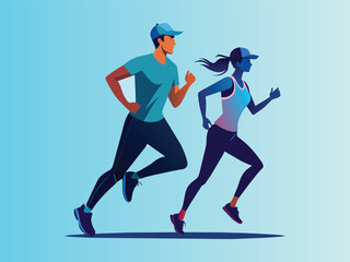 young couple running. Doing cardio exercises together. Active and healthy lifestyle. Time to lose weight. Vector