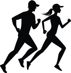 Running man and woman black silhouette isolated vector illustration. Running couple, jogging couple.