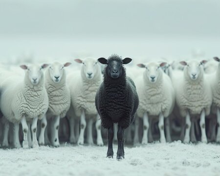 A black sheep stands out in a field of white sheep