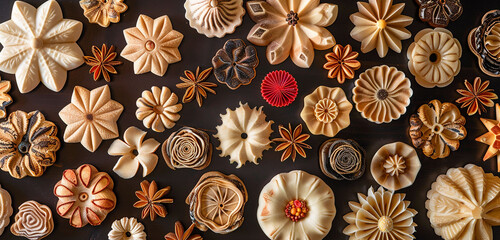 A top-down view of a beautifully arranged assortment of Mozartkugel cutouts.