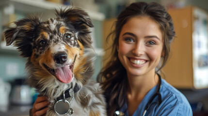 A woman veterinarian in a clinical coat smiles as she performs a check-up on an adorable dog, set against the backdrop of a contemporary, well-lit veterinary clinic