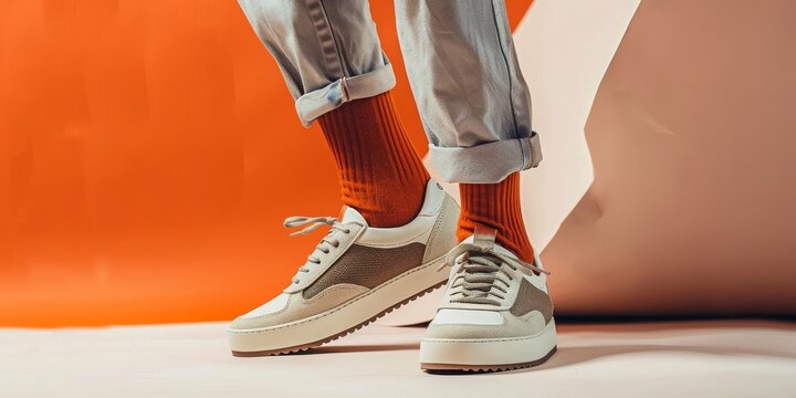 A man is wearing a pair of white shoes and orange socks