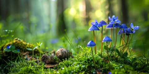 Obraz premium A forest scene with a blue flower and a mushroom