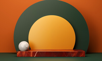 Red marble podium on orange green background Stage Showcase on pedestal orange mockup scene product display concept
