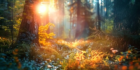 Fototapeta premium A forest with a tree in the foreground and a sun shining through the trees