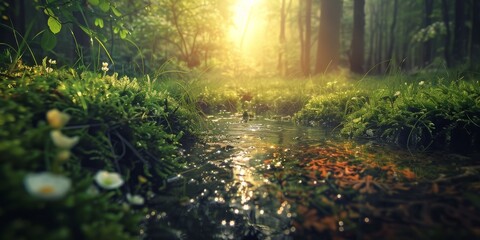 Obraz premium A forest with a stream of water running through it