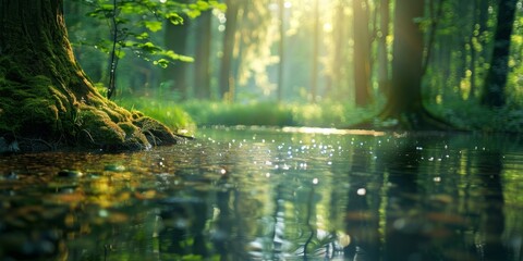 Fototapeta premium A forest with a stream of water running through it