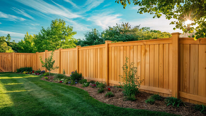 wooden fence in the garden, architecture design, summer vibes background