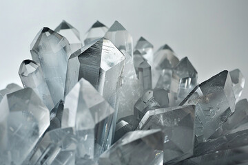 Hexagonal crystals shimmering against a smooth, silver-gray backdrop, evoking a sense of cosmic wonder