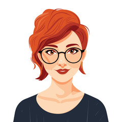 Fototapeta premium Young woman vector illustration, red hair, glasses, smiling, confident. Female avatar, professional, stylish, casual wear, modern. Graphic design character portrait isolated white background