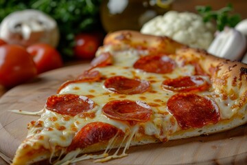Close up of delicious pepperoni pizza slice over wooden table
