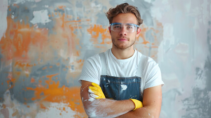 Obraz premium portrait of young worker painting wall in room, home renovation