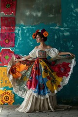 Fototapeta premium Woman in Colorful Dress Standing by Wall