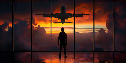 Man standing before flight information display system in airport at sunset.