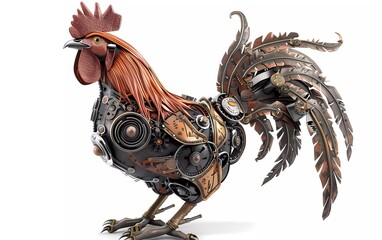 Render of a 3D illustration of a metal steampunk rooster, on a white background