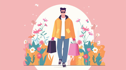 Man with shopping bags spring sale concept. Landing p