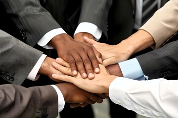 Diverse business team showing unity with their hands together, symbolizing teamwork and collaboration in a professional setting.
