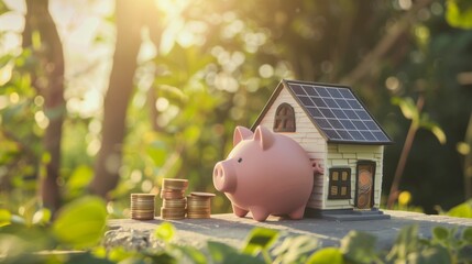 An eco-friendly house shaped like a piggy bank, with solar panels on the roof, surrounded by coins, symbolizing energy savings and reduced electricity bills through sustainable living.