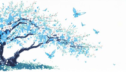 Obraz premium 清涼感、明るめの白い背景、くっきり、青空、舞う、美しい桜を描くイラスト generated by AI