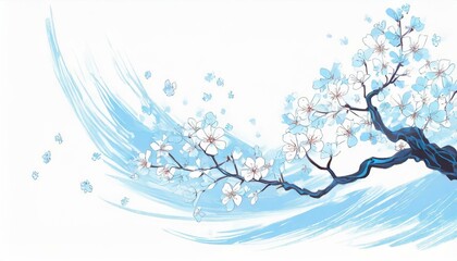 清涼感、明るめの白い背景、くっきり、青空、舞う、美しい桜を描くイラスト  generated by AI