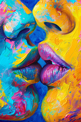 Abstract Kiss with Colorful Paint Swirls.