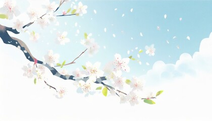 Fototapeta premium 清涼感、明るめの白い背景、くっきり、青空、舞う、美しい桜を描くイラスト generated by AI
