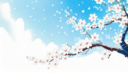 清涼感、明るめの白い背景、くっきり、青空、舞う、美しい桜を描くイラスト  generated by AI