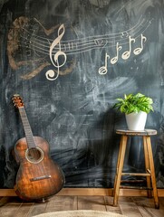 A guitar and musical notes are illustrated on a faded, weathered chalkboard wall, basking in the...