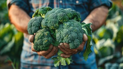 broccoli in the hands of a man. selective focus