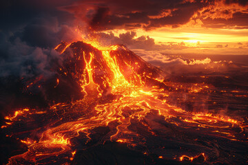 A fiery volcanic eruption shaping the Earth's surface, releasing molten lava and ash into the...