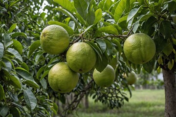 Ripe pomelos hanging from the branches of a pomelo tree