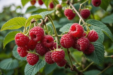 Ripe raspberries hanging from the branches of a raspberry bush
