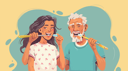 Mature couple brushing teeth on color background Vector