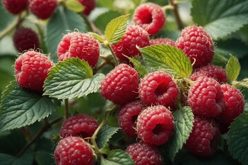 A whimsical composition featuring raspberries intertwined with seasonal foliage