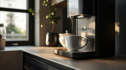 Modern coffee machine with cup in office