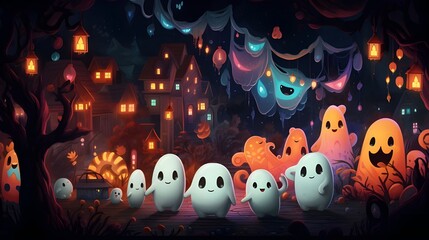 Fototapeta premium Cute, Ghosts, Party, enjoy, lights, Cartoons