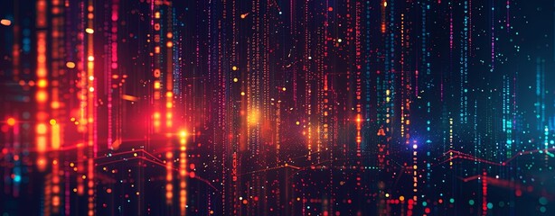 Obraz premium Abstract digital background with glowing dots and lines, dark blue red orange colors