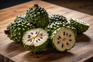 Freshly sliced soursop segments arranged on a wooden chopping board