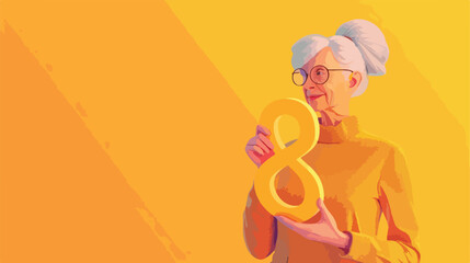 Mature woman holding paper figure 8 on yellow background