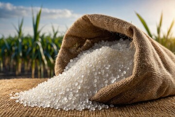 A closed-up shoot of sugar crystals, behind a burlap sack overflowing with freshly harvested sugarcane