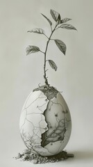 A black and white drawing of a plant growing out of a cracked eggshell. The image is simple and elegant, and it speaks to the themes of new life and growth