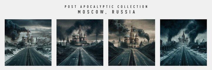 Post Apocalyptic cinematic fictional Moscow, Russia city skyline. Highway leading to a Armageddon end of the world city. Zombie, alien invasion, sci-fi, survivor, apocalypse, global disaster