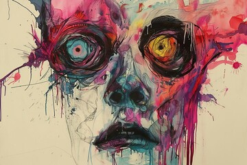 A dark portrait of a human face. The face is distorted and twisted. The colors are vibrant and saturated. The overall effect is one of unease and disquiet