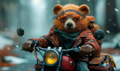 Children's illustration, a bear in sunglasses on a motorcycle.