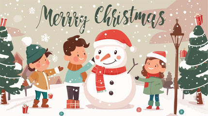 Merry christmas greeting card with children making sn