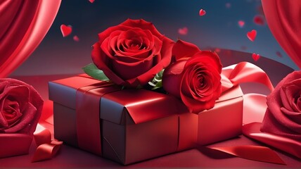 A futuristic Valentine's Day scene with vibrant red roses and a beautifully wrapped gift, set against a romantic background.